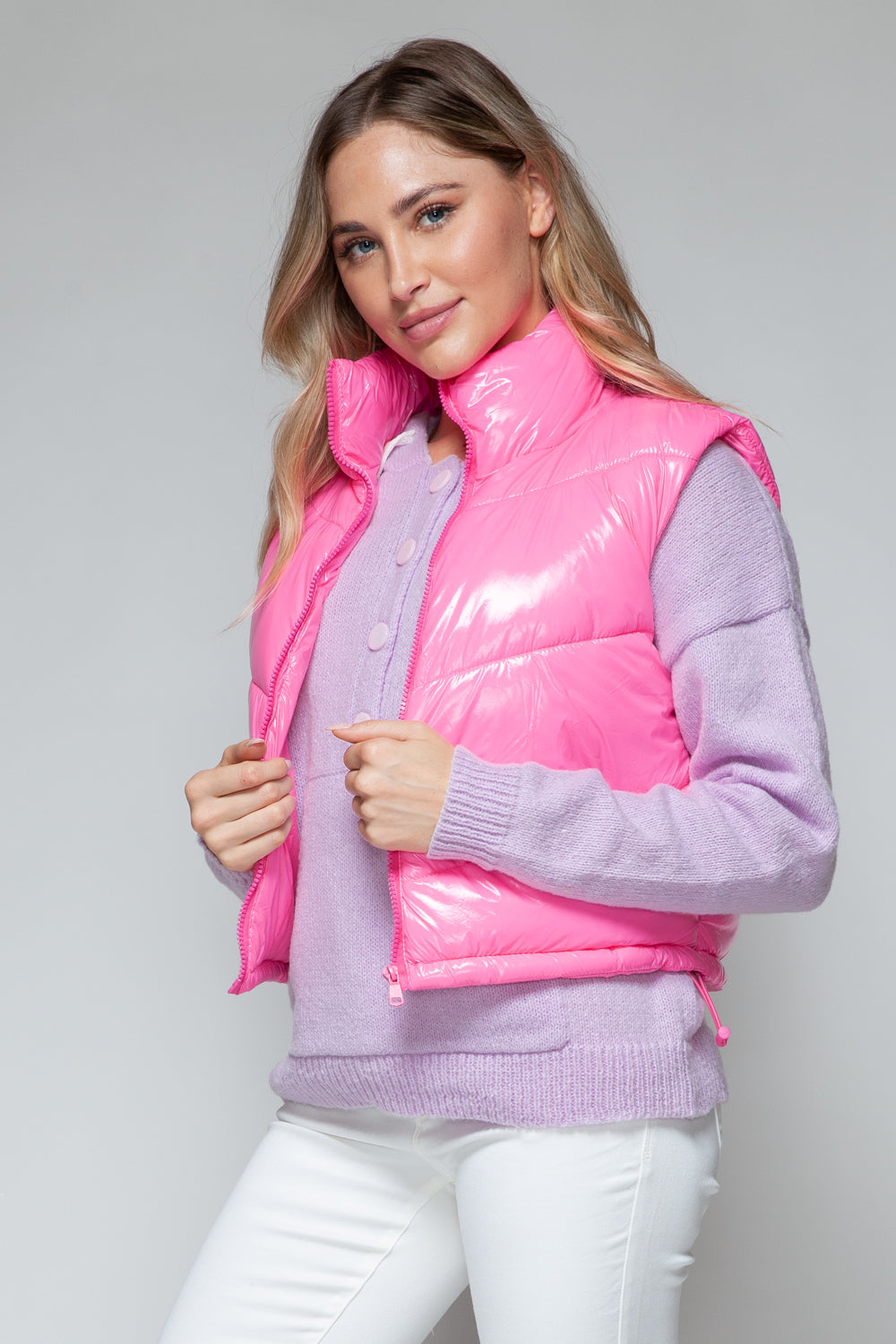 Zip Up Turtleneck Shiny Quilted Vest- PINK