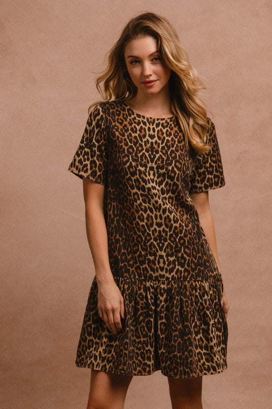 Tie Back Leopard Round Neck Short Sleeve Dress