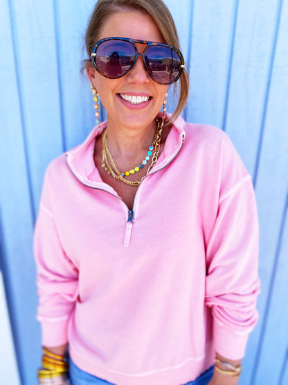 Dk Pink F/terry Pigment Dye & Enzyme Washing Half Zip Top