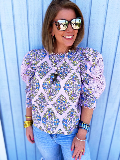 Printed Lace Puff Sleeve Blouse