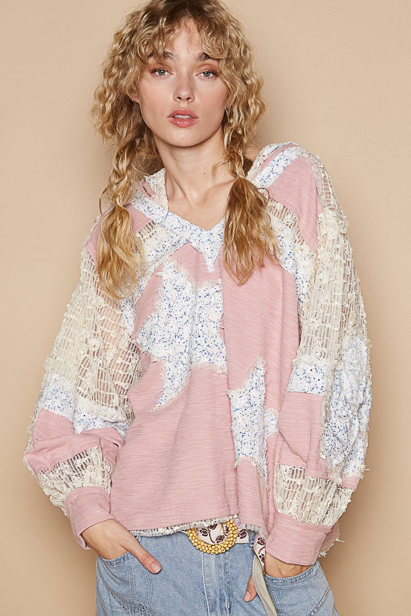 Star Patch Lace Long Sleeve Hooded Top