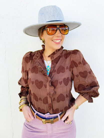 Jenny Heart Jacquard Ruffle Trim Shirt