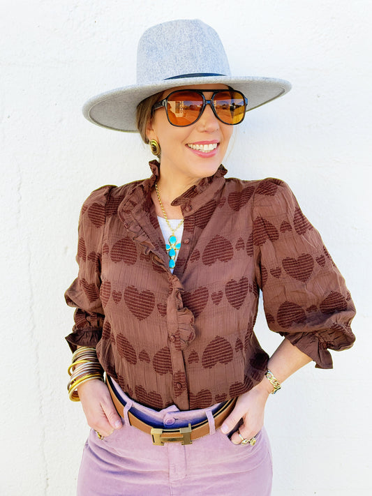 Jenny Heart Jacquard Ruffle Trim Shirt