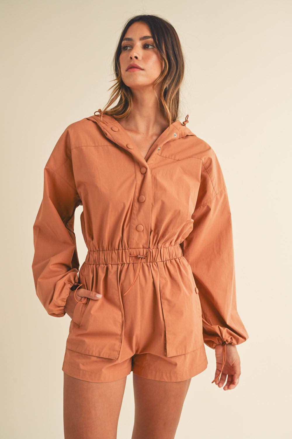 Snap Down Long Sleeve Hooded Romper