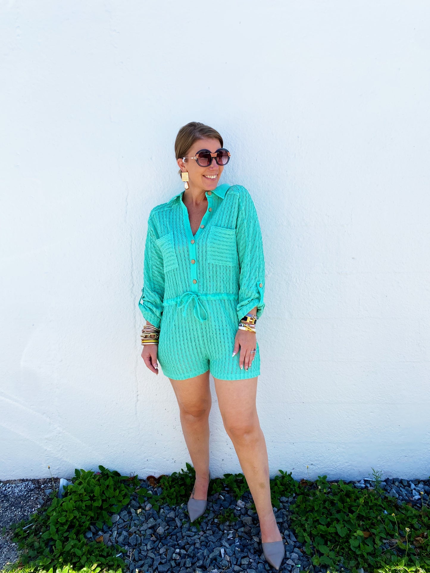 Textured Knit Button Front Romper