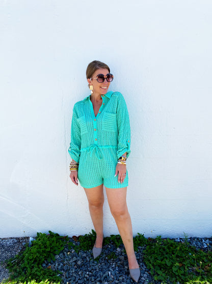 Textured Knit Button Front Romper