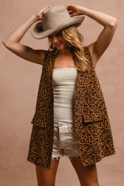 BiBi Leopard Button Up Denim Vest