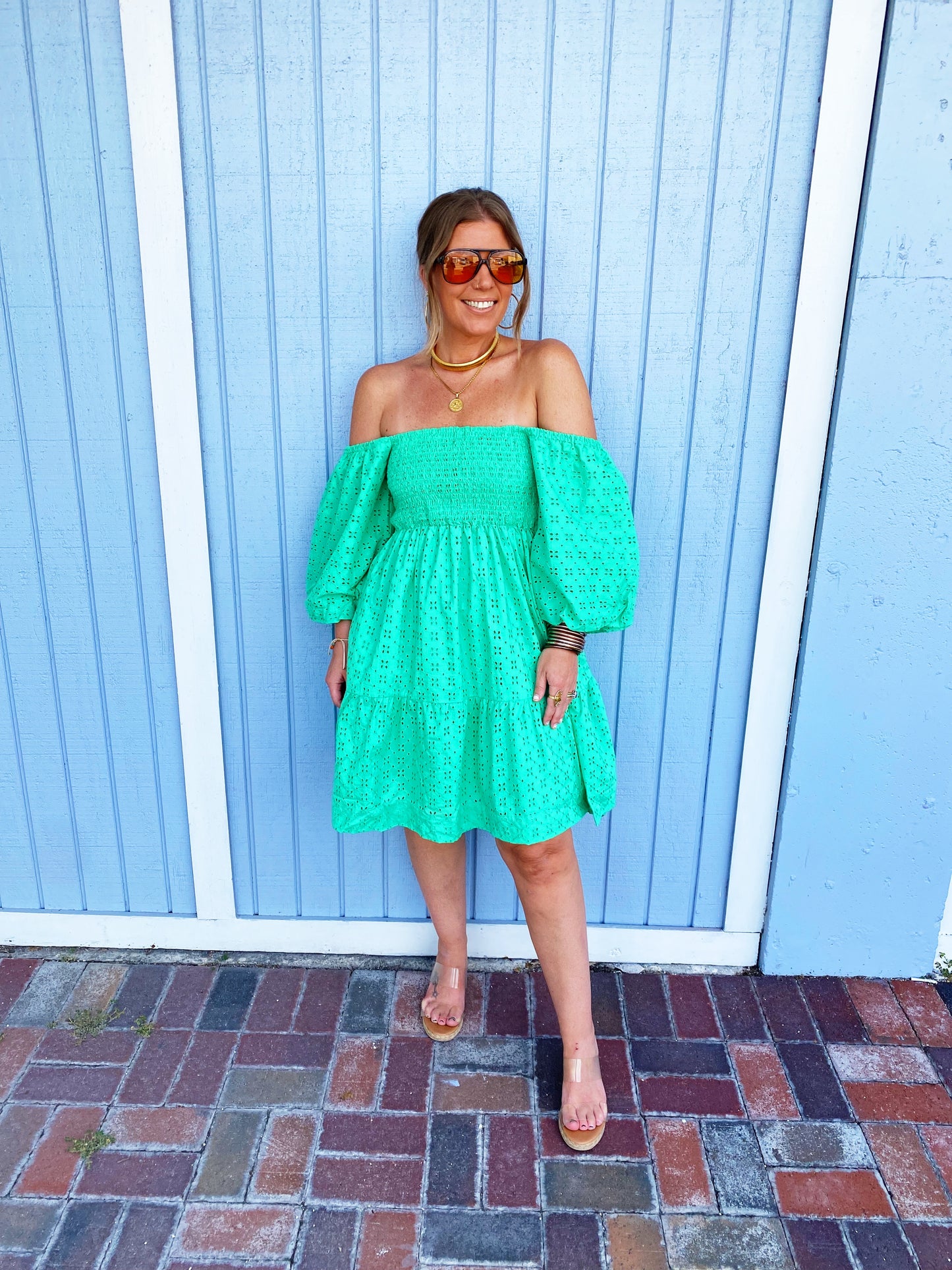 Green Eyelet Puff Sleeve Short Smocked Dress