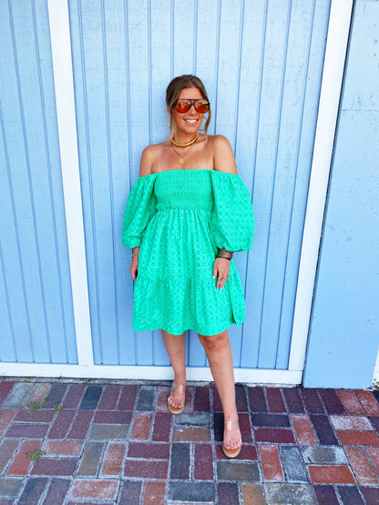 Green Eyelet Puff Sleeve Short Smocked Dress