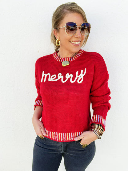 Merry Lettering Embroidered Christmas Sweater