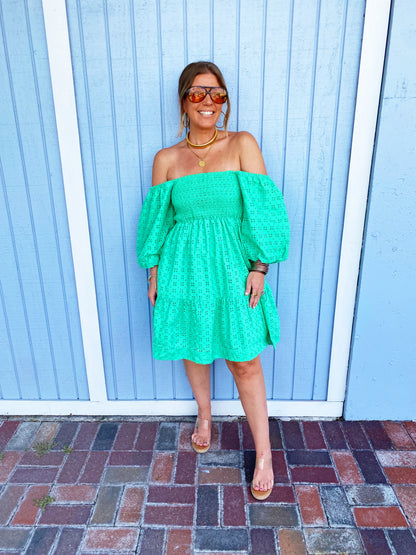 Green Eyelet Puff Sleeve Short Smocked Dress