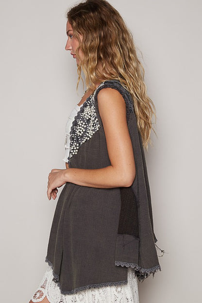 Embroidered Pearls Open Front Sleeveless Cardigan