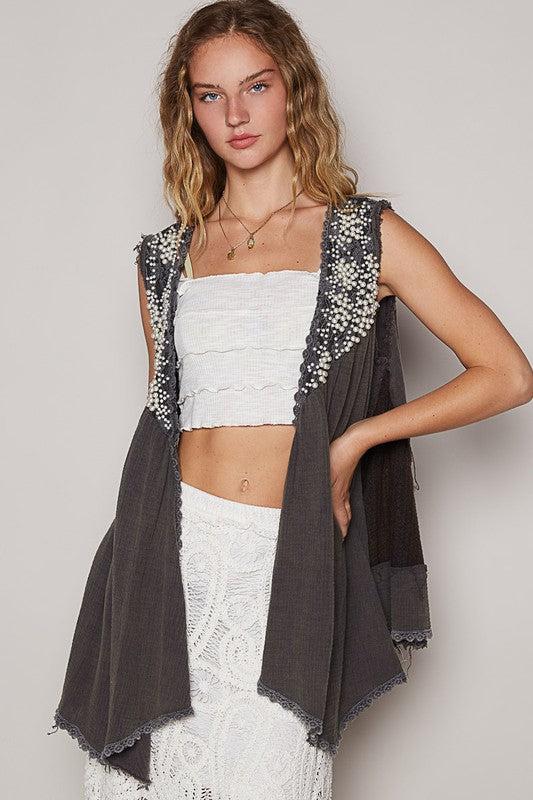 Embroidered Pearls Open Front Sleeveless Cardigan