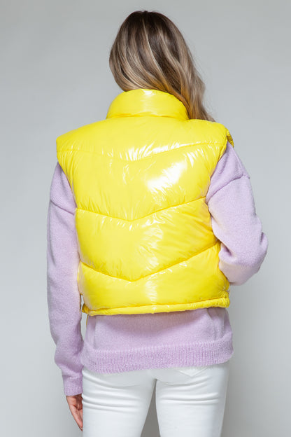 Zip Up Turtleneck Shiny Quilted Vest- YELLOW