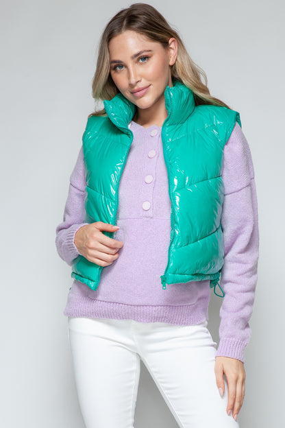 Zip Up Turtleneck Shiny Quilted Vest- TURQ