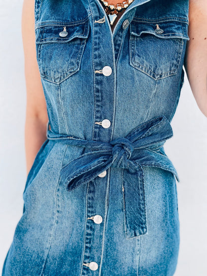 Denim Dress with Waist Tie