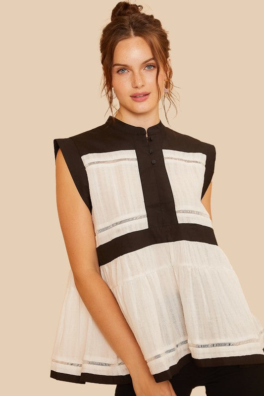 Contrast Trim Peplum Button Detail Blouse