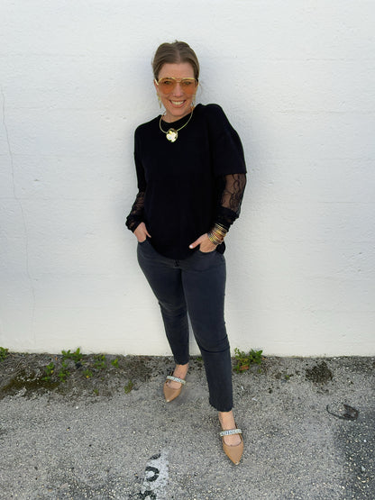 Black Jenny Short Sleeve Sweater with Built in Lace Sleeve