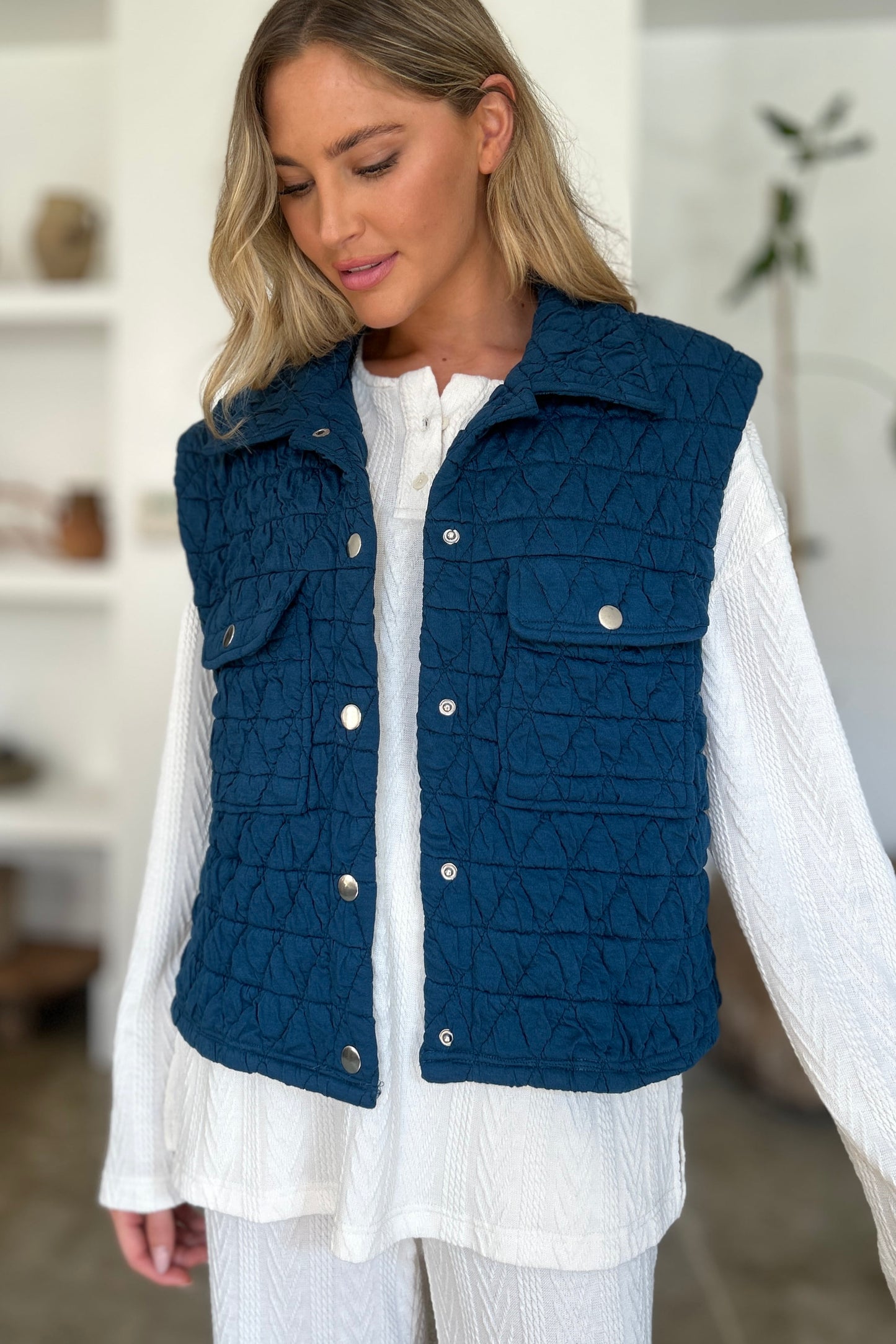 Full Size Pocketed Texture Snap Down Vest Coat