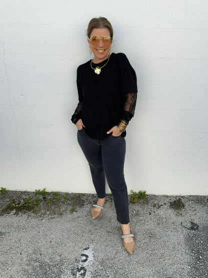 Black Jenny Short Sleeve Sweater with Built in Lace Sleeve