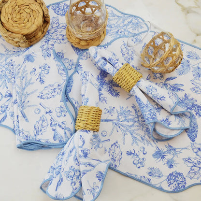 4 Piece Set Blue Foliage Scalloped Dinner Napkins