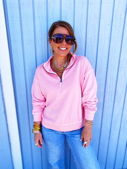 Dk Pink F/terry Pigment Dye & Enzyme Washing Half Zip Top
