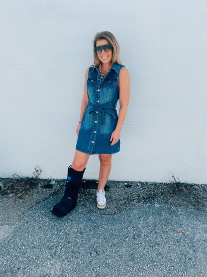 Denim Dress with Waist Tie