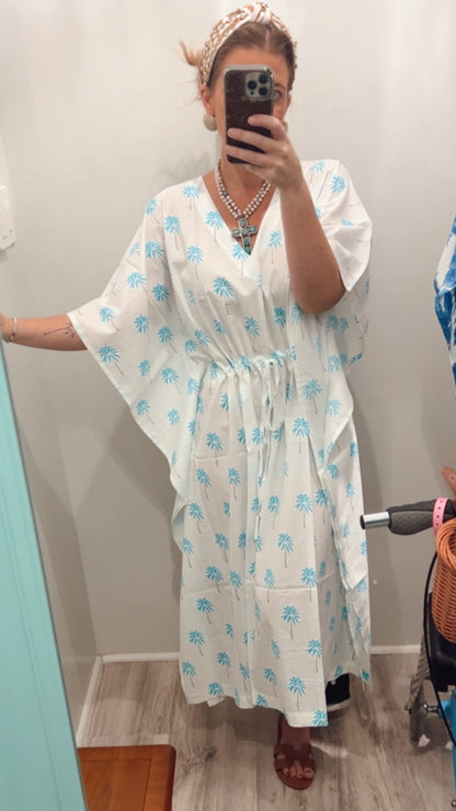 Ava Kaftan White Kaftan with Blue & Grey Palm Tree