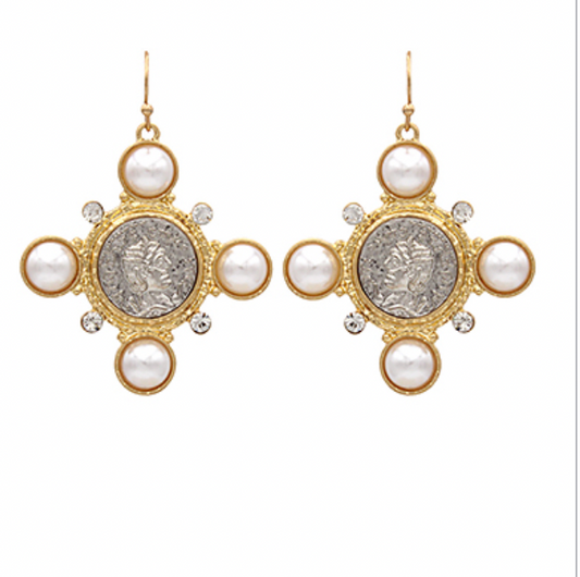 Coin & Pearl Cross Drop Earrings