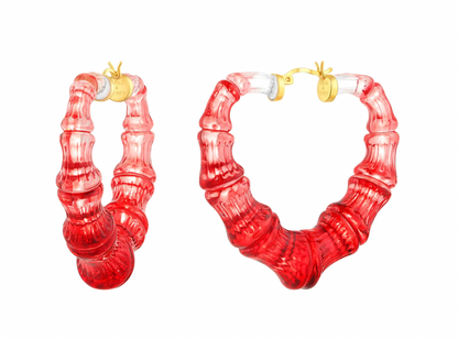 Red Lucite Heart Bamboo Hoop Earrings *SAMPLE SALE