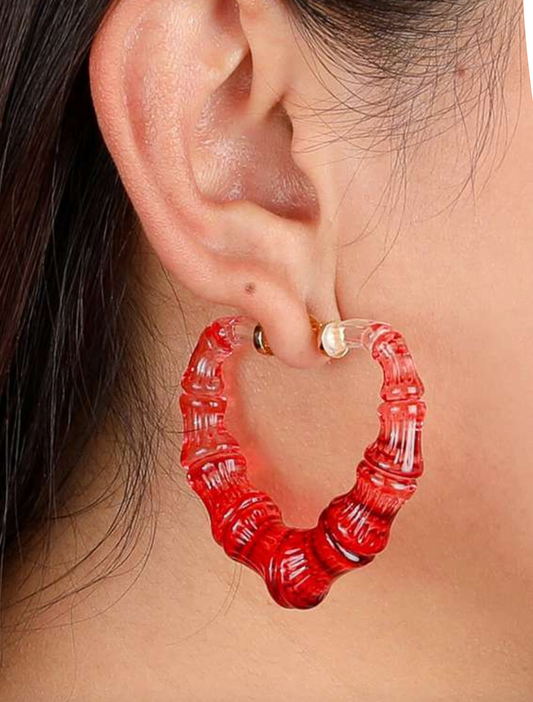 Red Lucite Heart Bamboo Hoop Earrings *SAMPLE SALE