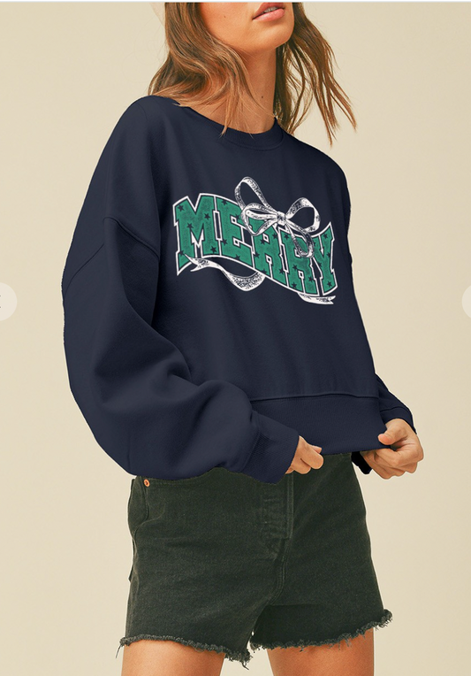 Merry Christmas Bow Short Cropped Sweatshirt
