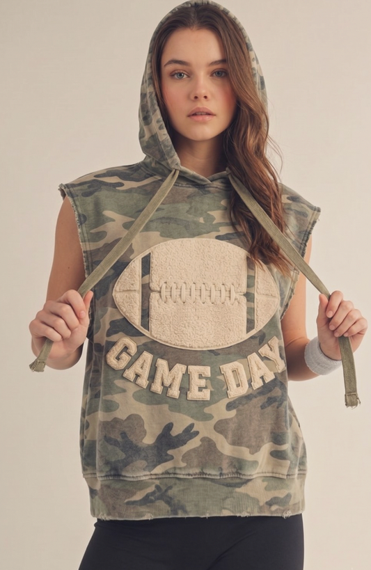 Game Day Vintage Camo Modern Sleeveless Hoodie- PREORDER JULY