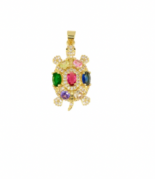 Gold Turtle Pendant with Pavé & Multicolor Zirconia