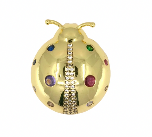 Chunky Golden Ladybug Pendant with Crystal Details
