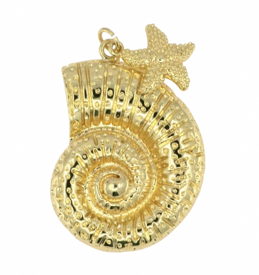 Large Gold Conch Shell Pendant with Starfish Accent