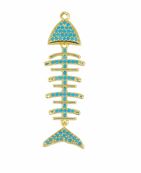 Golden Fish Bone Pendant with Turquoise Spine Details