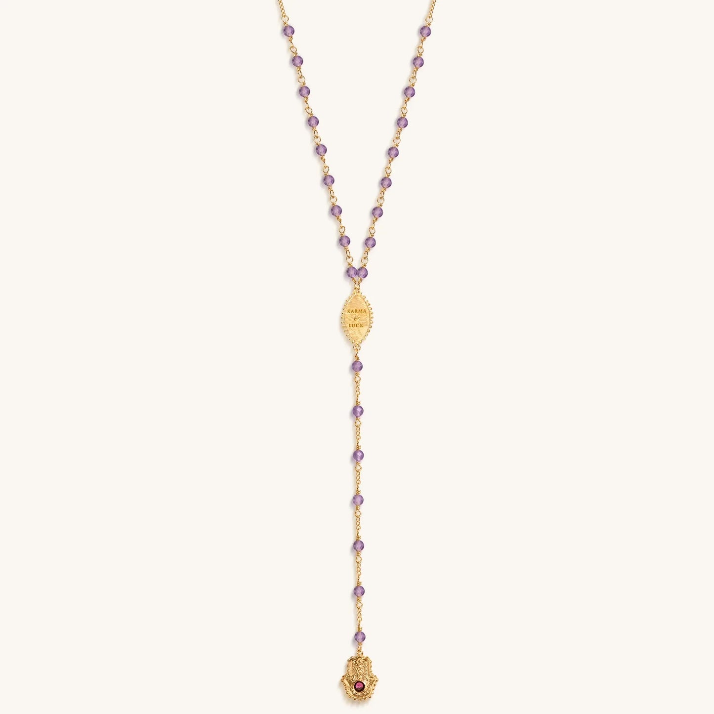 Peace of Spirit - Amethyst Evil Eye Hamsa Lariat Necklace