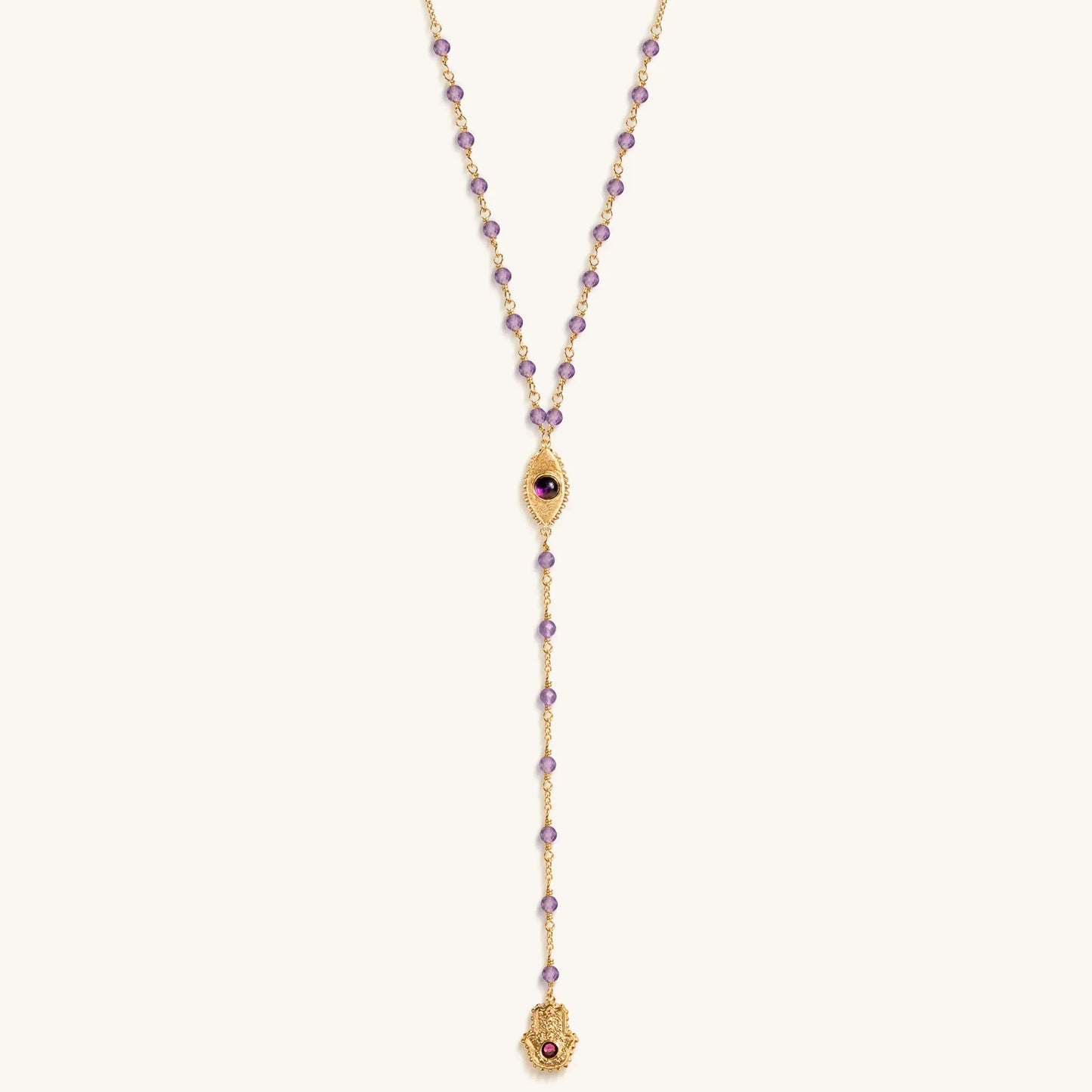 Peace of Spirit - Amethyst Evil Eye Hamsa Lariat Necklace