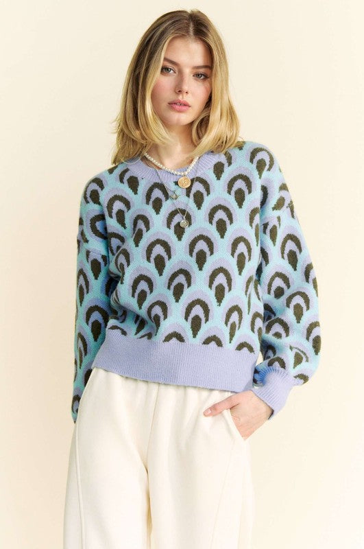 Scale Jacquard Round Neck Drop Shoulder Sweater