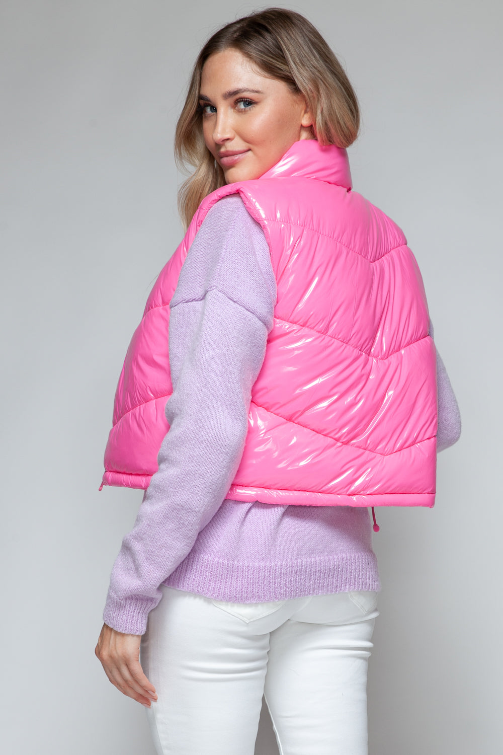 Zip Up Turtleneck Shiny Quilted Vest- PINK