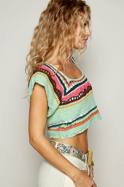 Openwork Ethnic Pattern Square Neck Cropped Knit Top