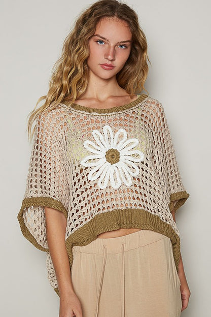 Hollow Out Flower Half Sleeve Knit Cover Up