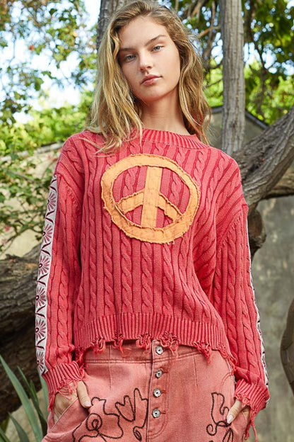 Washed Peace Patch Cable Knit Sweater