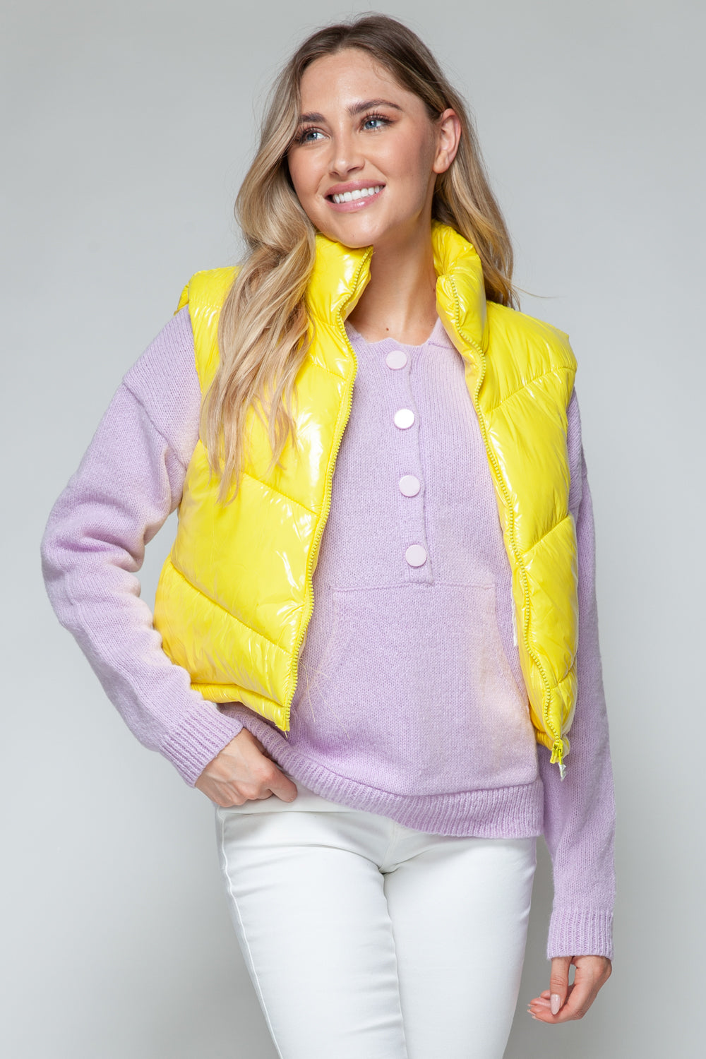 Zip Up Turtleneck Shiny Quilted Vest- YELLOW