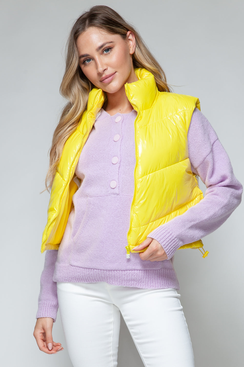 Zip Up Turtleneck Shiny Quilted Vest- YELLOW