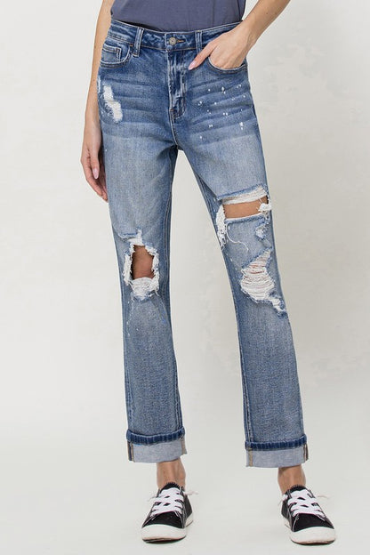 Stretch Mom Jeans w/ Spatter Detail and Cuff