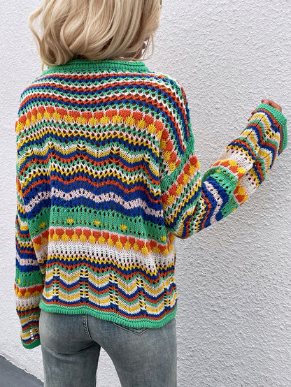 Rainbow Stripe Openwork Flare Sleeve Knit Top PREORDER