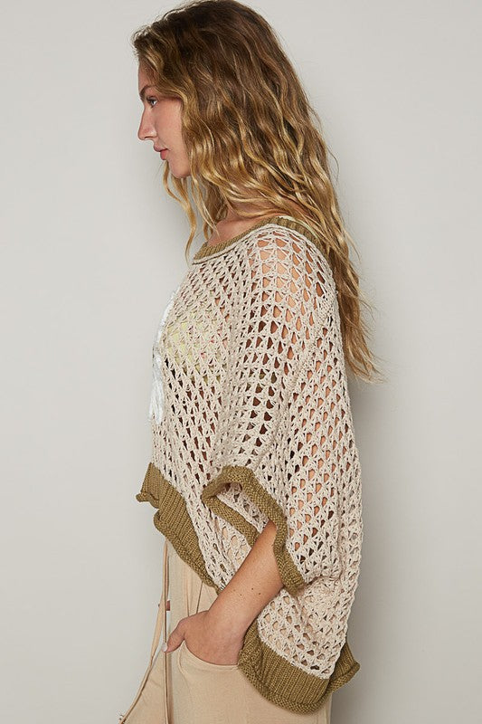 Hollow Out Flower Half Sleeve Knit Cover Up