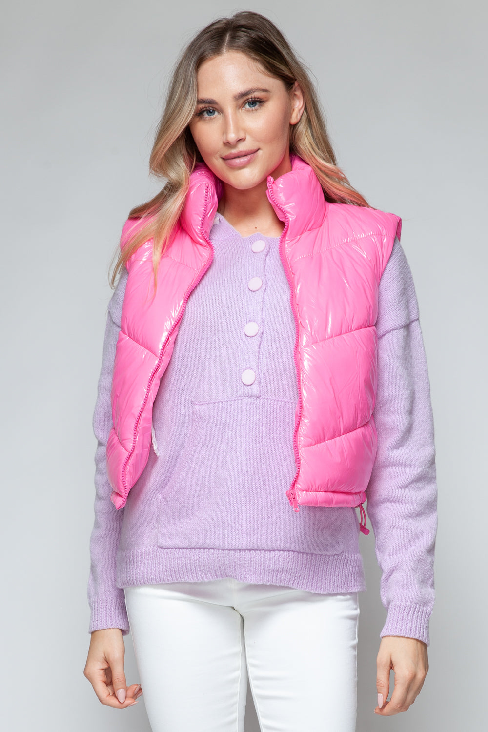 Zip Up Turtleneck Shiny Quilted Vest- PINK